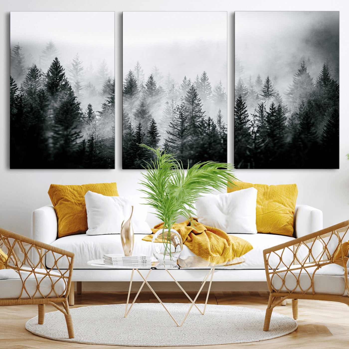 MGV-CV-60X30-3P - Foggy Pine Forest Canvas Wall Art – Black and White Nature Landscape Print, Horizontal Canvas for