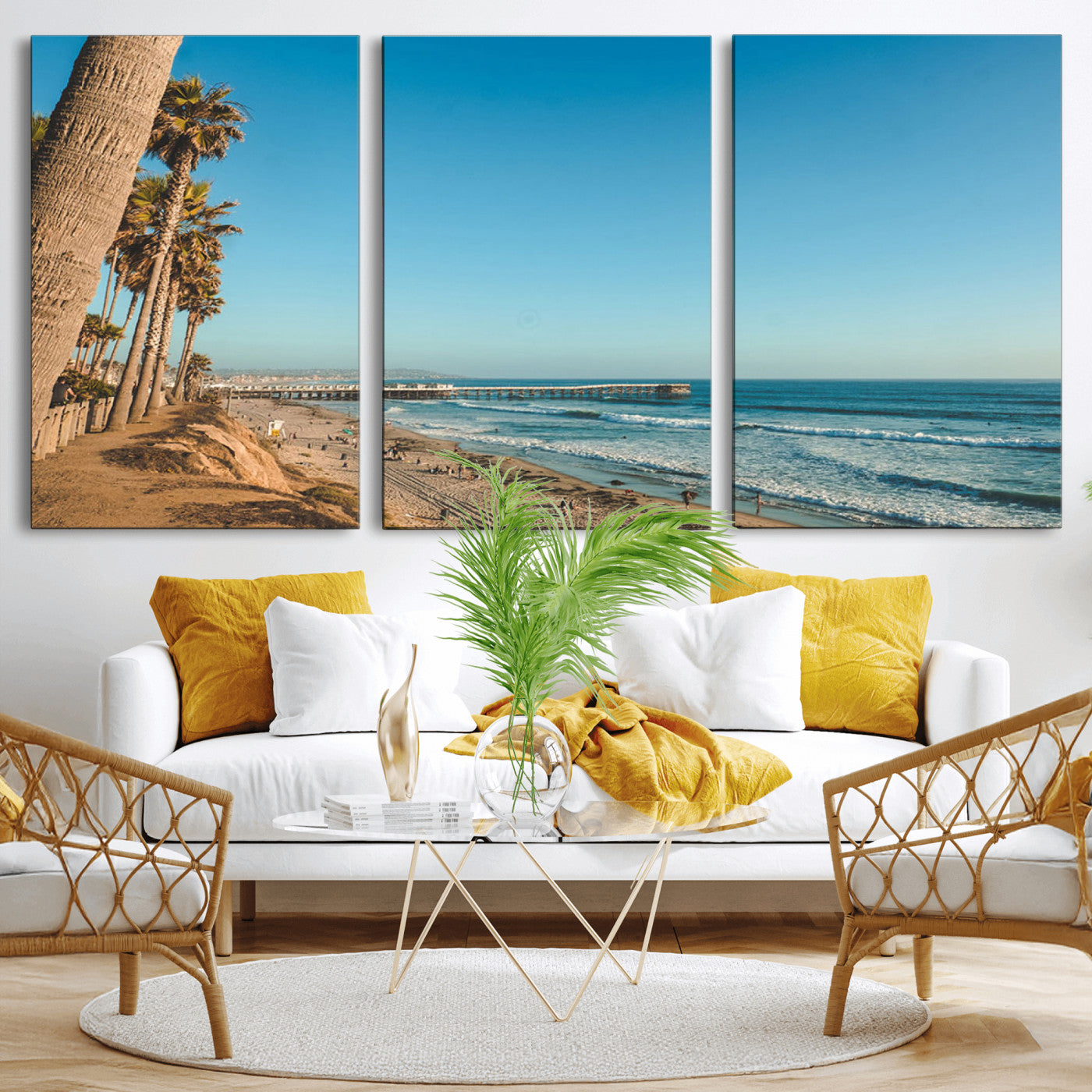 MGV-CV-60X30-3P - Scenic Beach with Tall Palm Trees, Sandy Shore, and Long Pier Stretching into the Calm Ocean Under