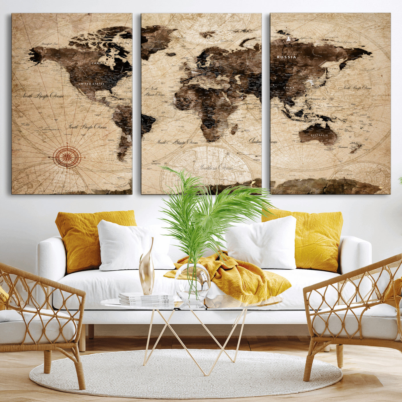 97114757-MGV-CV-60X30-3P - Vintage World Map Wall Art Canvas Print, Modern Decorative Framed Map Artwork Prints for Living Room, Office, Bedroom Wall Decor