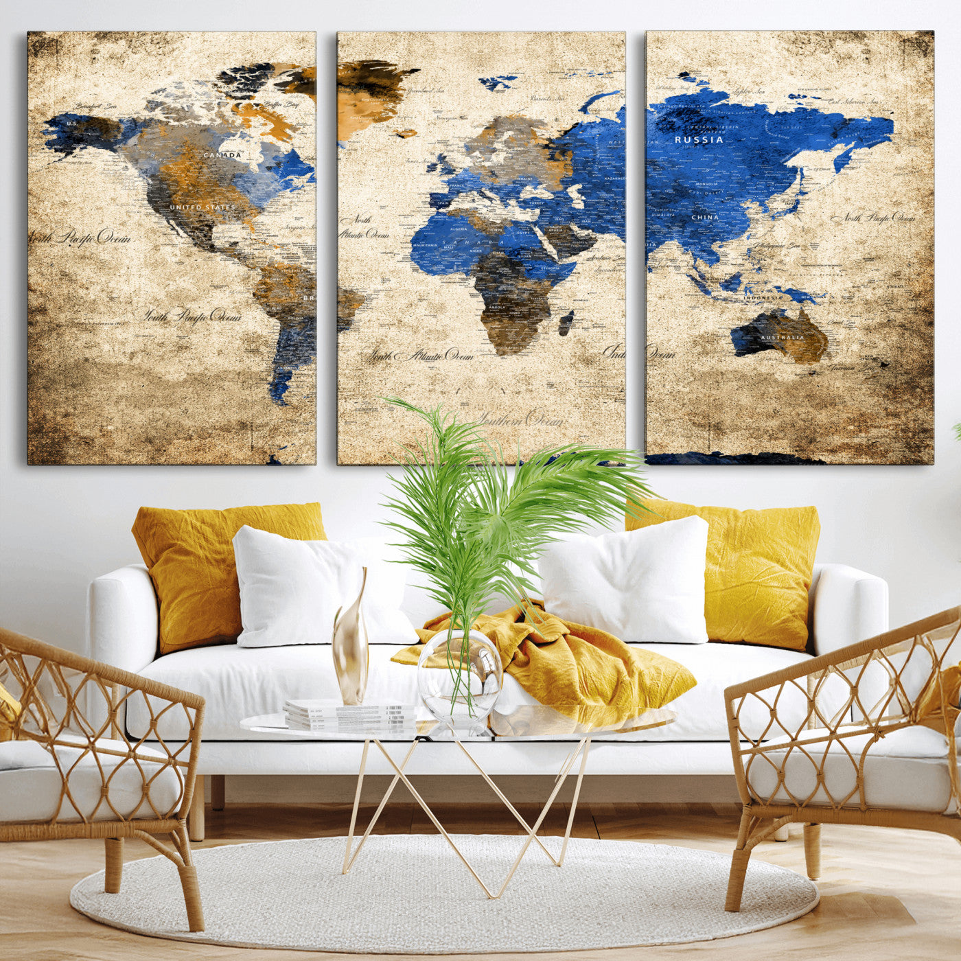 13564339-MGV-CV-60X30-3P - World Map Wall Art Canvas Print, Modern Decorative Framed Map Artwork Prints for Living Room, Office, Bedroom Wall Decor