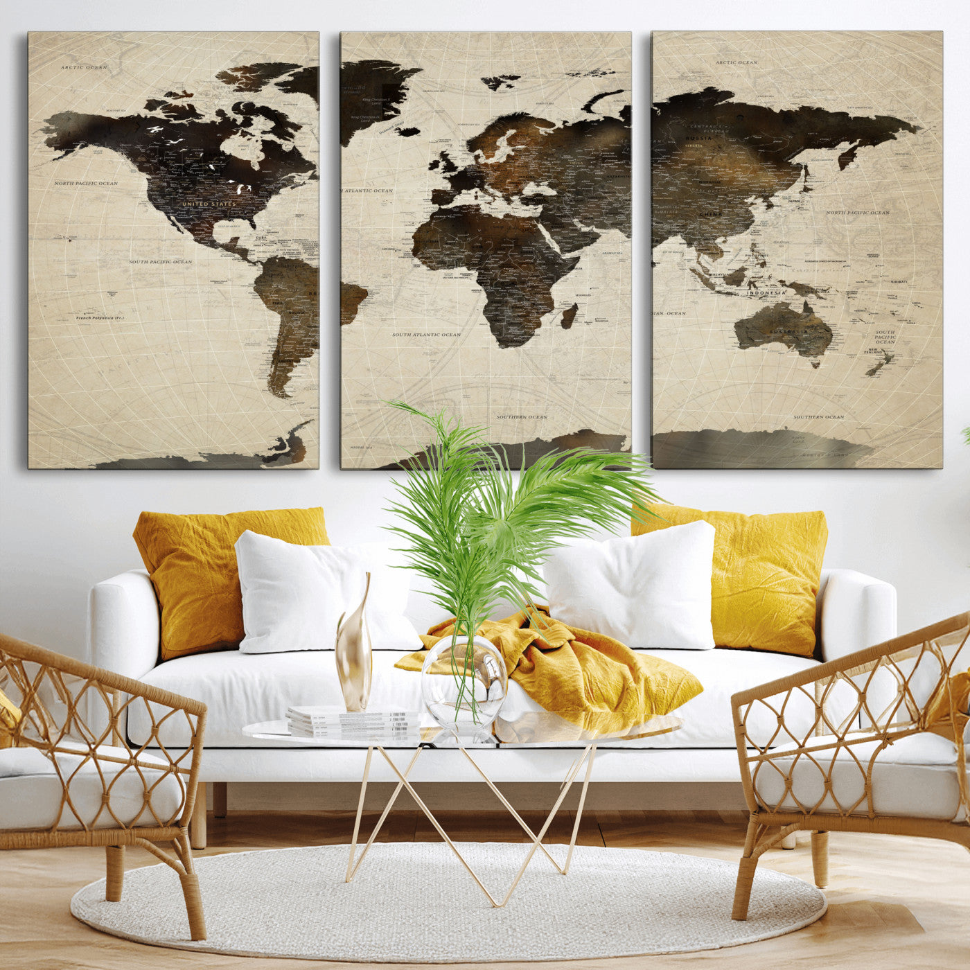 81771296-MGV-CV-60X30-3P - World Map Wall Art Canvas Print, Modern Decorative Framed Map Artwork Prints for Living Room, Office, Bedroom Wall Decor