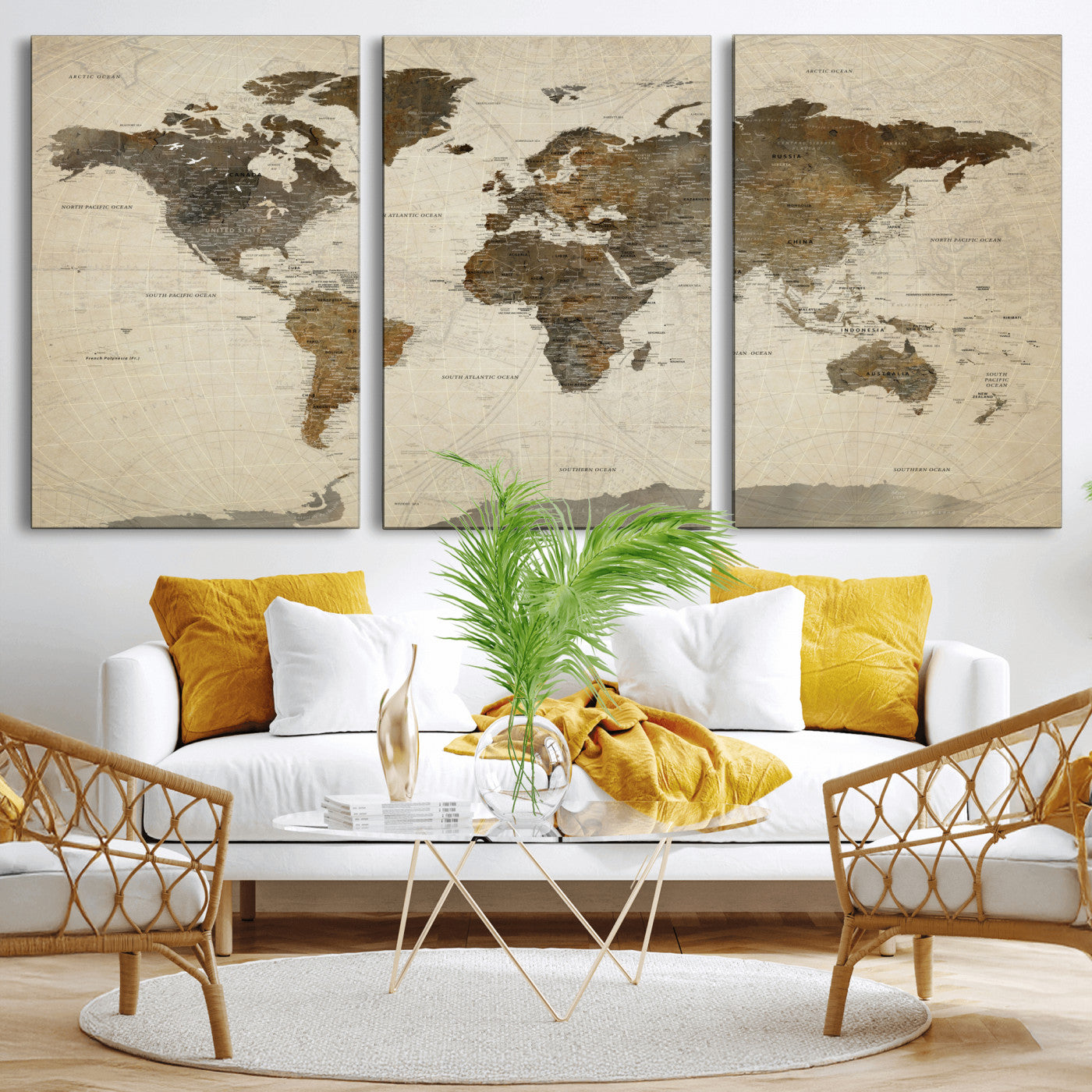 91849163-MGV-CV-60X30-3P - World Map Wall Art Canvas Print, Modern Decorative Framed Map Artwork Prints for Living Room, Office, Bedroom Wall Decor
