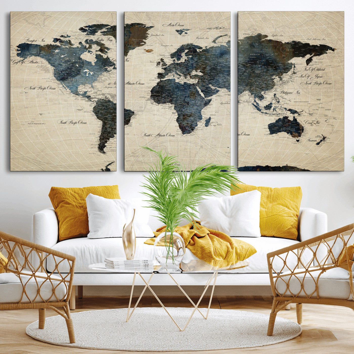 33438443-MGV-CV-60X30-3P - World Map Wall Art Canvas Print, Modern Decorative Framed Map Artwork Prints for Living Room, Office, Bedroom Wall Decor