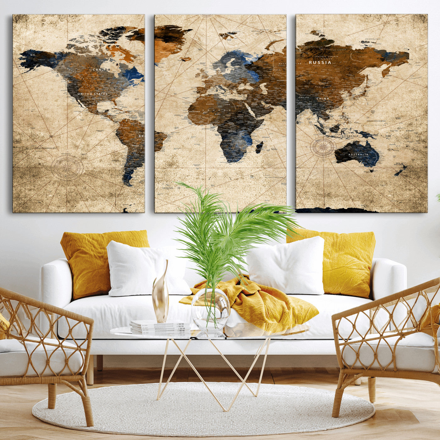 56297284-MGV-CV-60X30-3P - World Map Wall Art Canvas Print, Modern Decorative Framed Map Artwork Prints for Living Room, Office, Bedroom Wall Decor