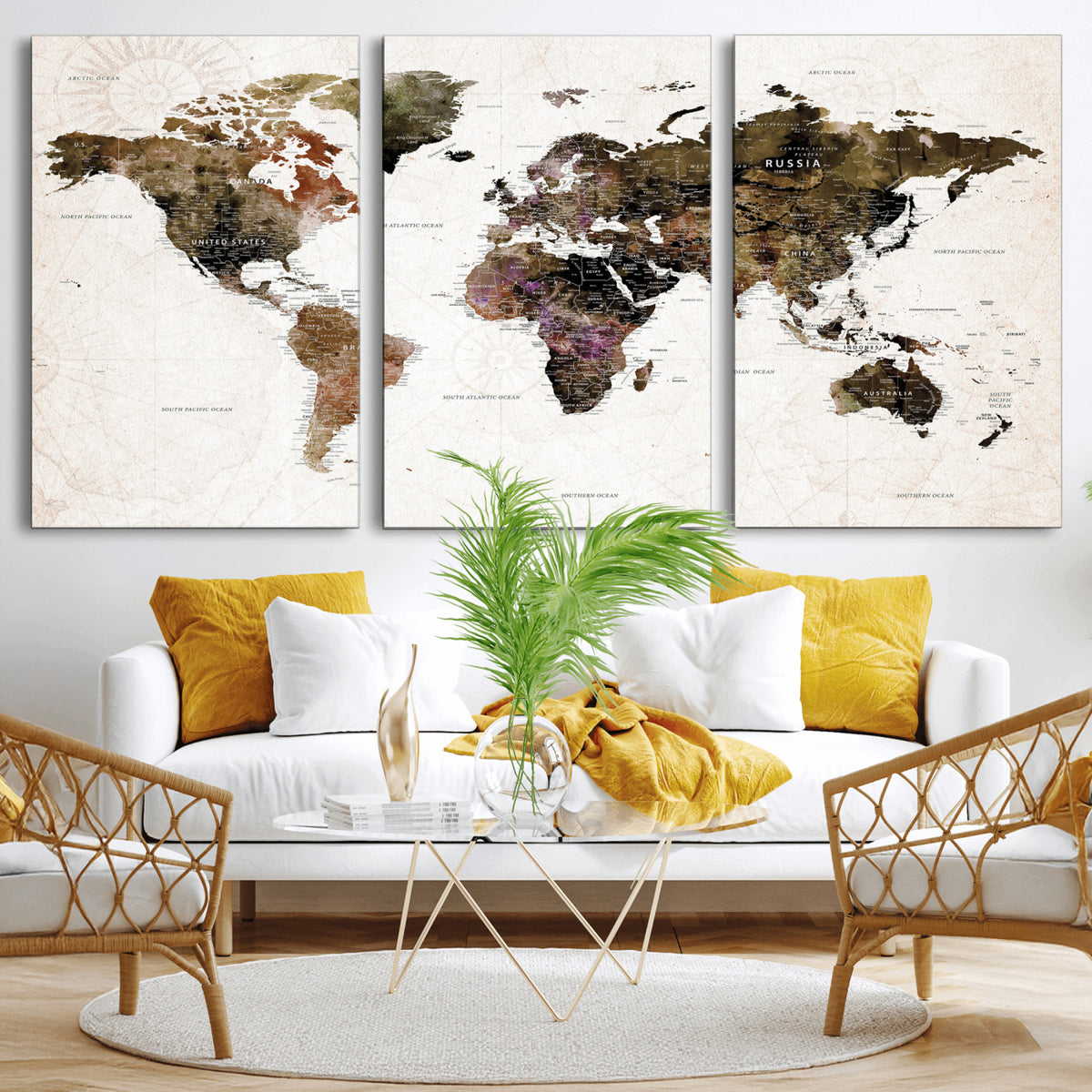 77651968-MGV-CV-36X24 - Watercolor World Map Print - Large Wall Art Canvas Print for