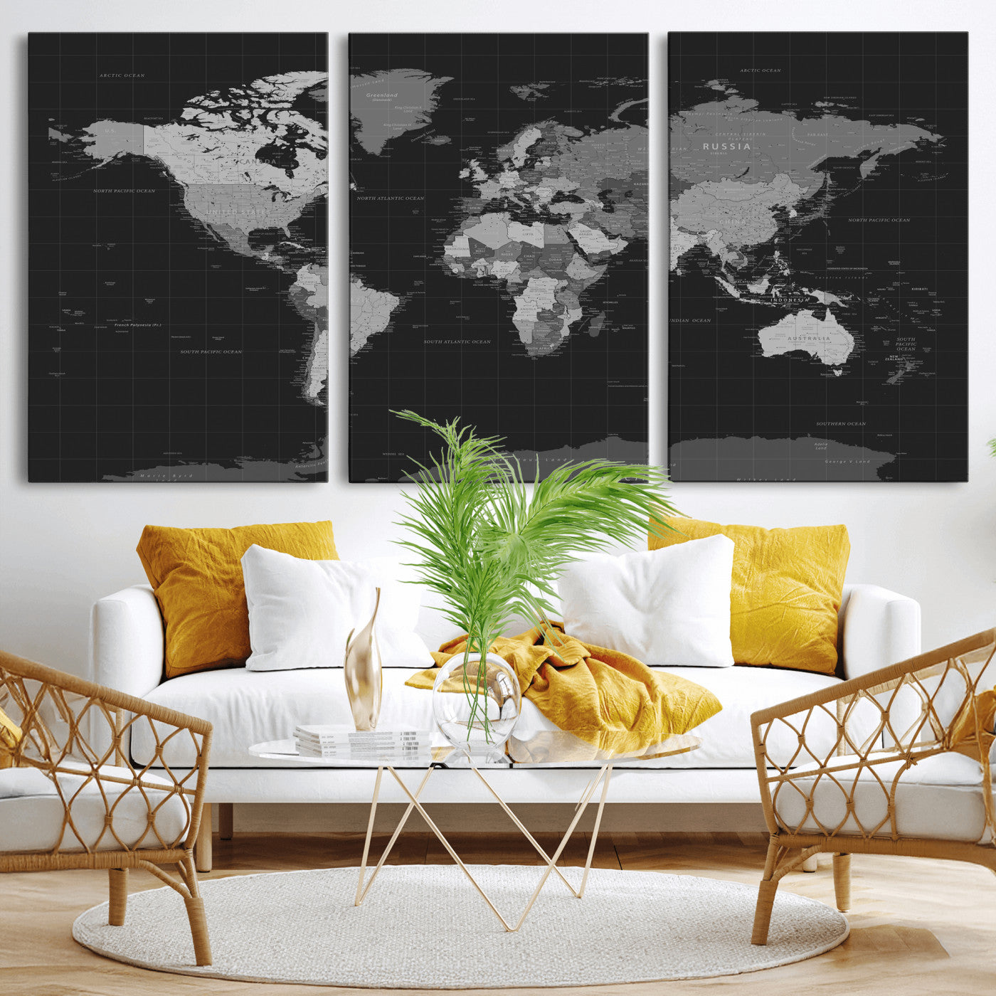 46160121-MGV-CV-36X24 - World Map Wall Art Canvas Print, Modern Decorative Framed Map Artwork Prints for Living Room, Office, Bedroom Wall Decor
