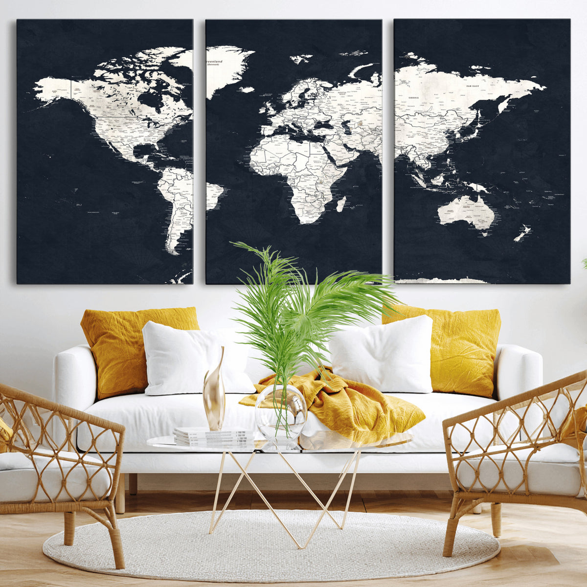 11963807-MGV-CV-36X24 - Black World Map Wall Art Canvas Print for Home Office and Meeting Room Decor