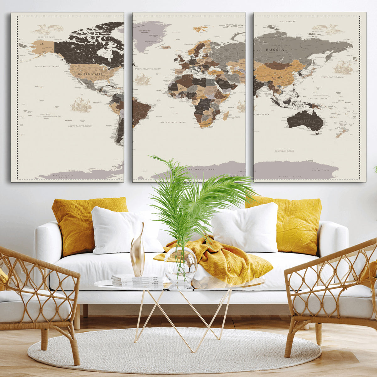 58777746-MGV-CV-36X24 - Custom Beige Modern Push Pin World Map Canvas Print, Places Visited Tracker, Bedroom and Study Decor