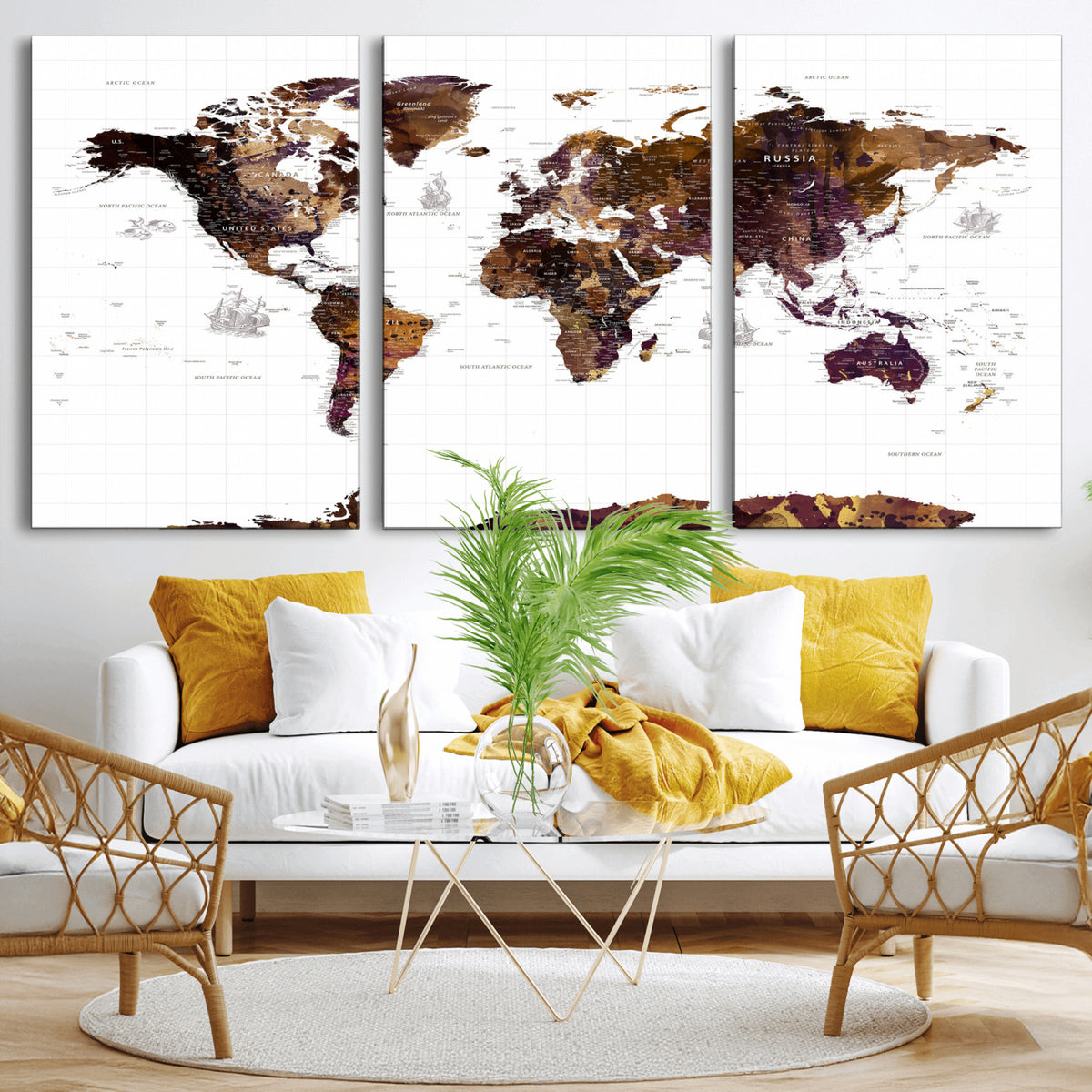 34792695-MGV-CV-36X24 - Rustic World Map Wall Art Canvas Print | Large Vintage Blue World Map on Wood Grain Style Background