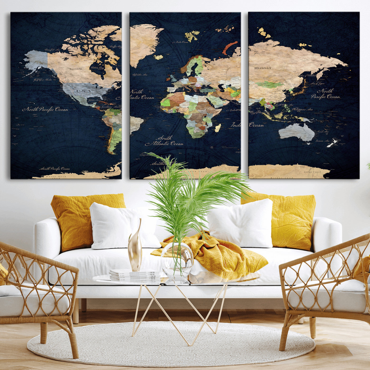 76603563-MGV-CV-36X24 - World Map Wall Art Canvas Print, Modern Decorative Framed Map Artwork Prints for Living Room, Office, Bedroom Wall Decor