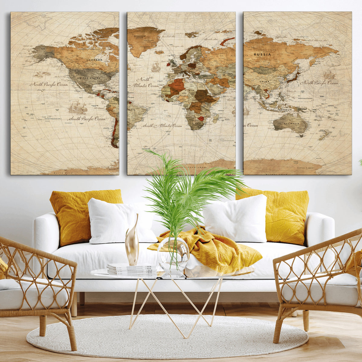 29684537-MGV-CV-36X24 - Vintage World Map Canvas Print, Framed Rustic Detailed Map of the World, Explorer Decor