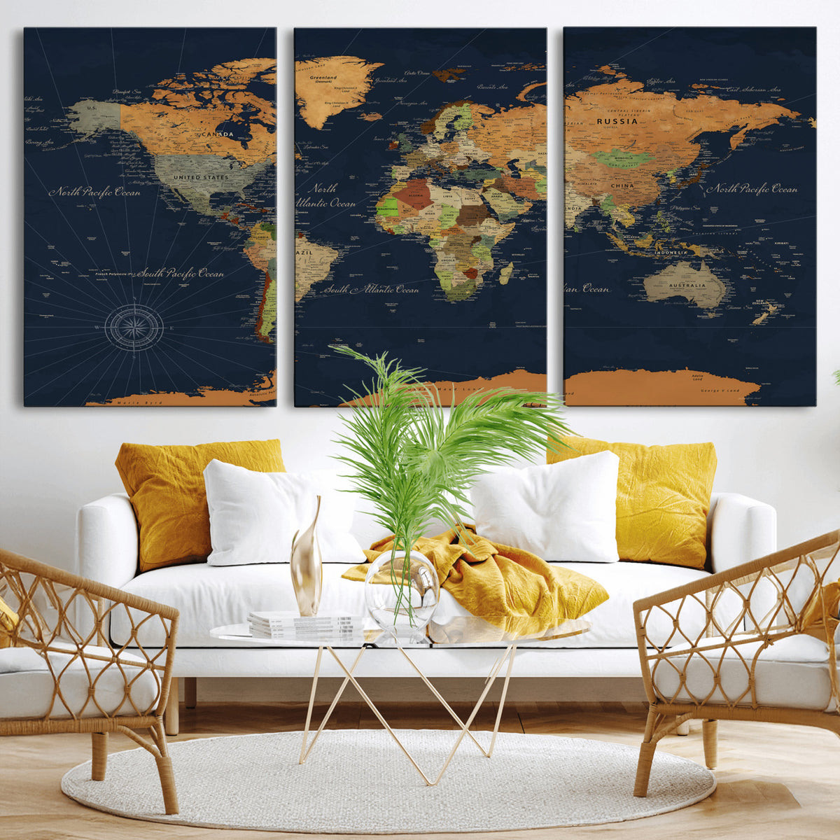 11715182-MGV-CV-36X24 - Modern World Map Canvas Print, Framed Detailed Map of the World Wall Art