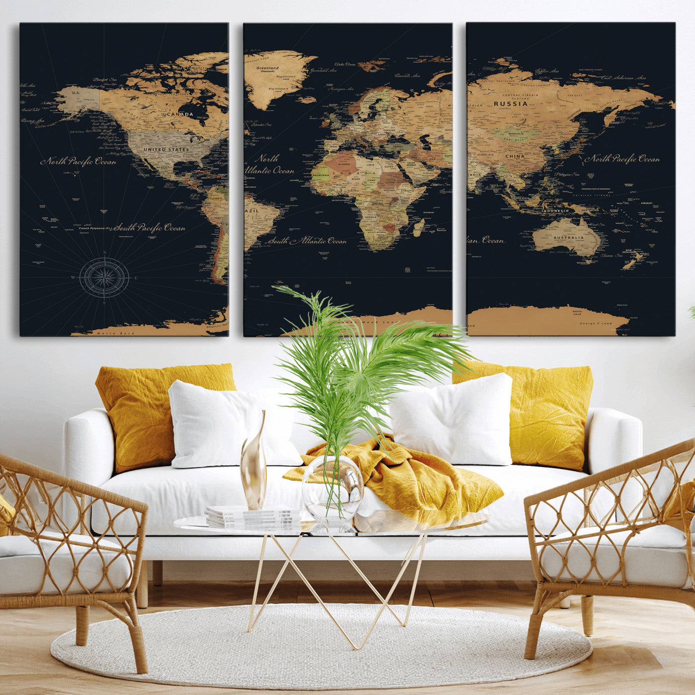 87280374-MGV-CV-36X24 - World Map Wall Art Canvas Print, Modern Decorative Framed Map Artwork Prints for Living Room, Office, Bedroom Wall Decor