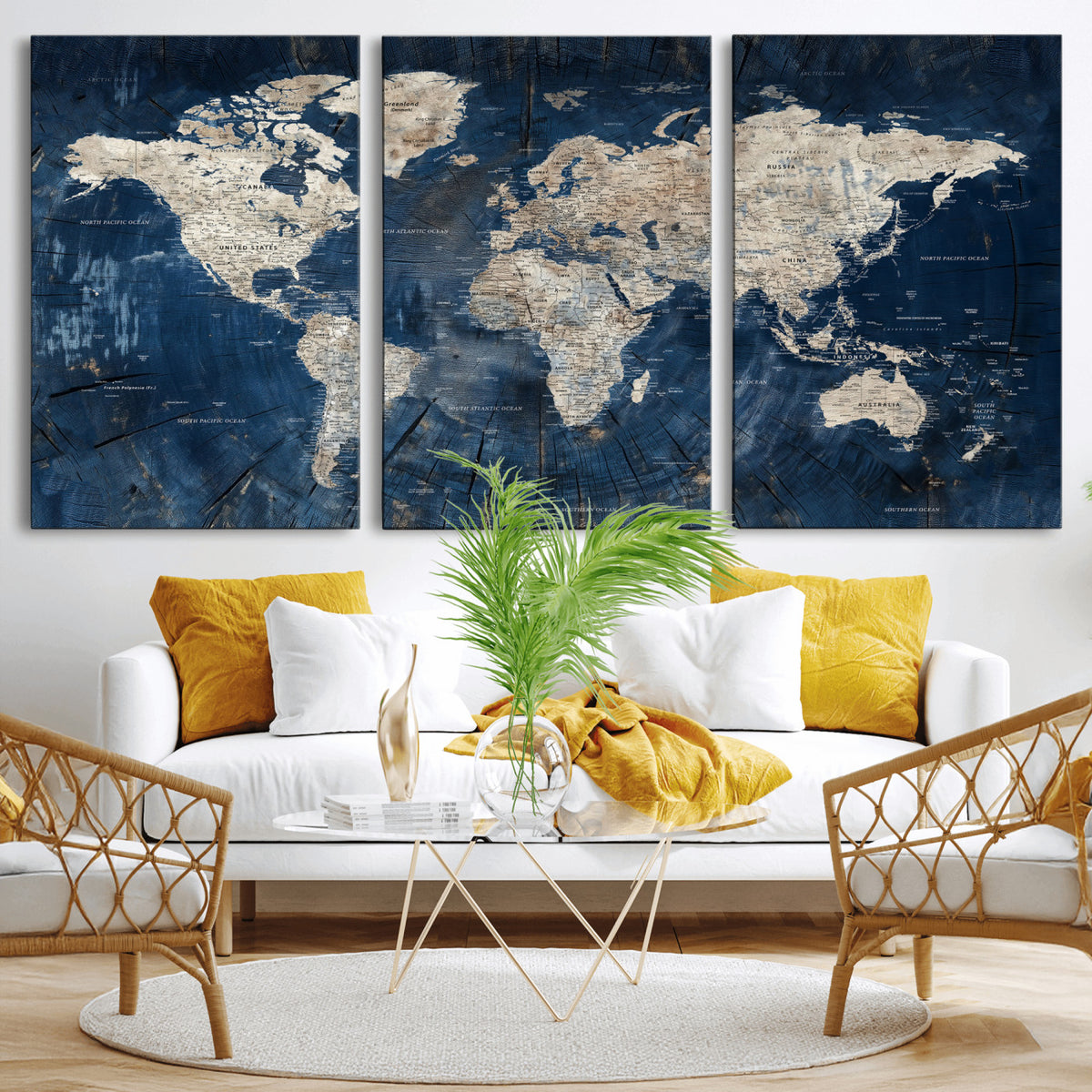 56126010-MGV-CV-36X24 - Large Blue World Map Wall Art Canvas Print for Home Office