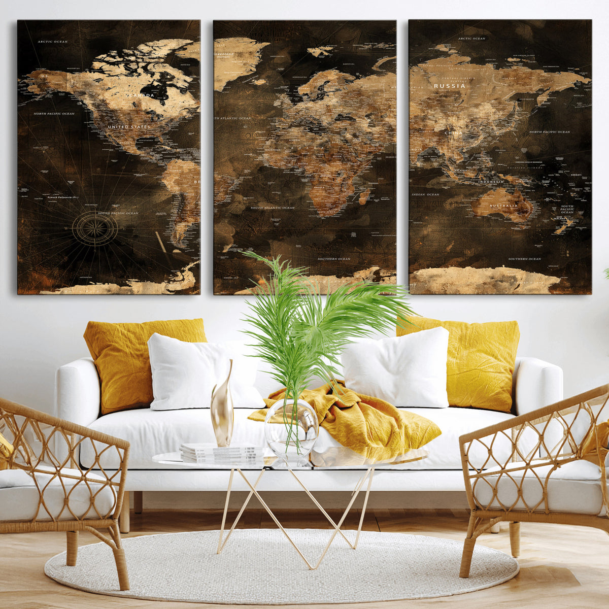 97742922-MGV-CV-36X24 - World Map Canvas Print, Modern Decorative Framed Map Artwork