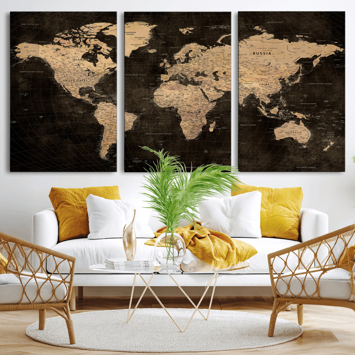 15118265-MGV-CV-36X24 - Brown World Map Canvas Print | Modern Travel Map Wall Art