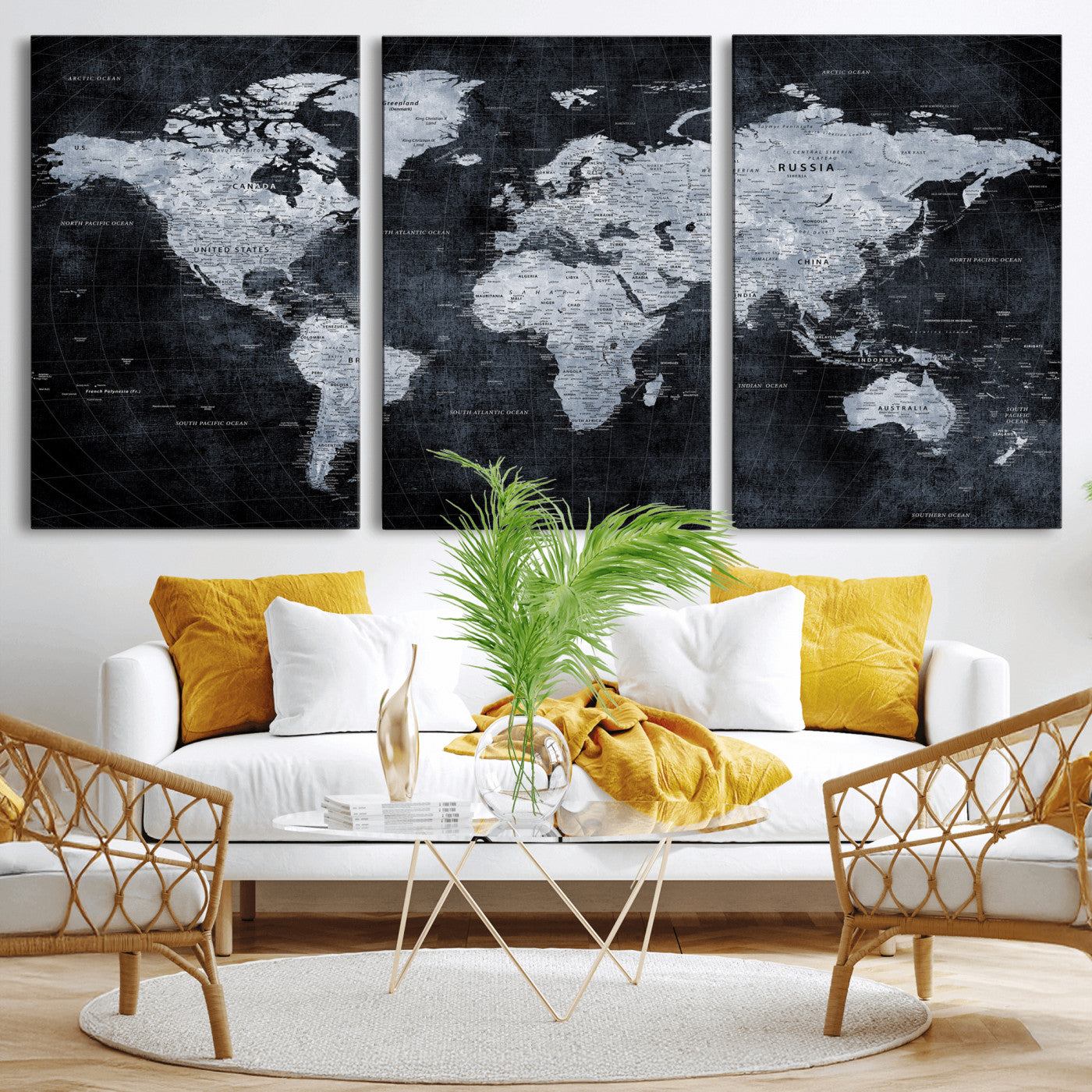 86893704-MGV-CV-36X24 - World Map Wall Art Canvas Print, Modern Decorative Framed Map Artwork Prints for Living Room, Office, Bedroom Wall Decor