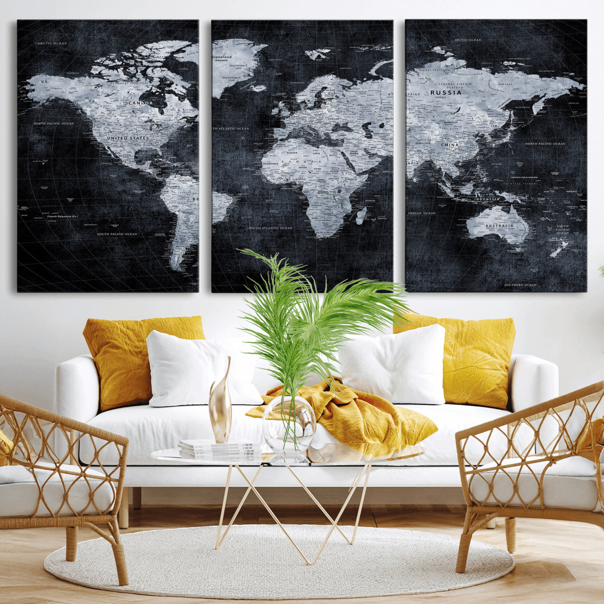 86893704-MGV-CV-36X24 - Black World Map Canvas Print | Detailed Map for Couples and Anniversary Gift