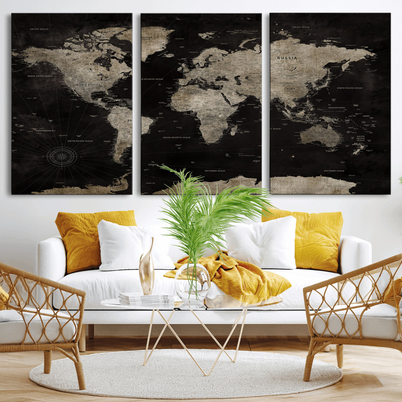 56225956-MGV-CV-36X24 - World Map Wall Art Canvas Print, Modern Decorative Framed Map Artwork Prints for Living Room, Office, Bedroom Wall Decor