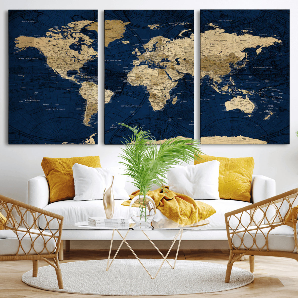 54770746-MGV-CV-36X24 - Navy Blue World Map Canvas Print – Detailed Map Minimal Navy