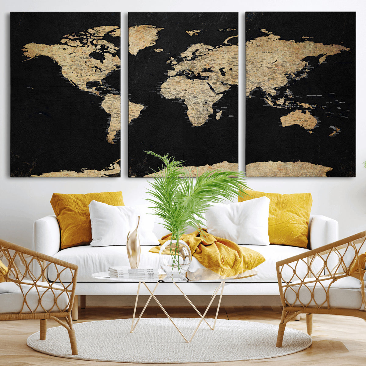 71518849-MGV-CV-36X24 - Beige World Map Canvas Wall Art Print, Minimal Black and