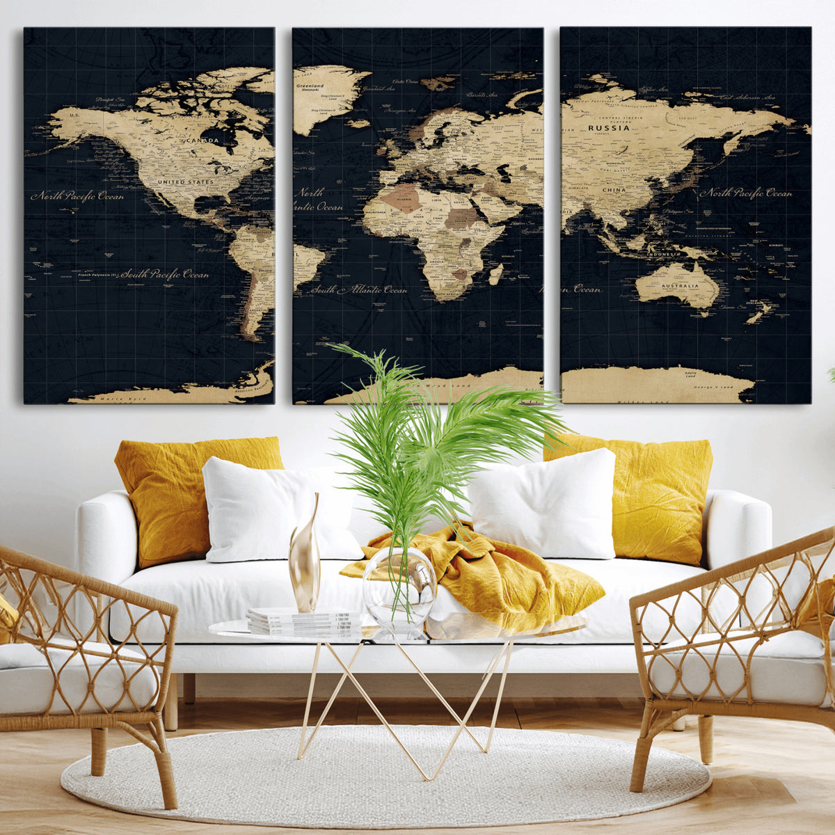45063434-MGV-CV-36X24 - Dark World Map Canvas Wall Art Print, Minimal Black and Gold Map