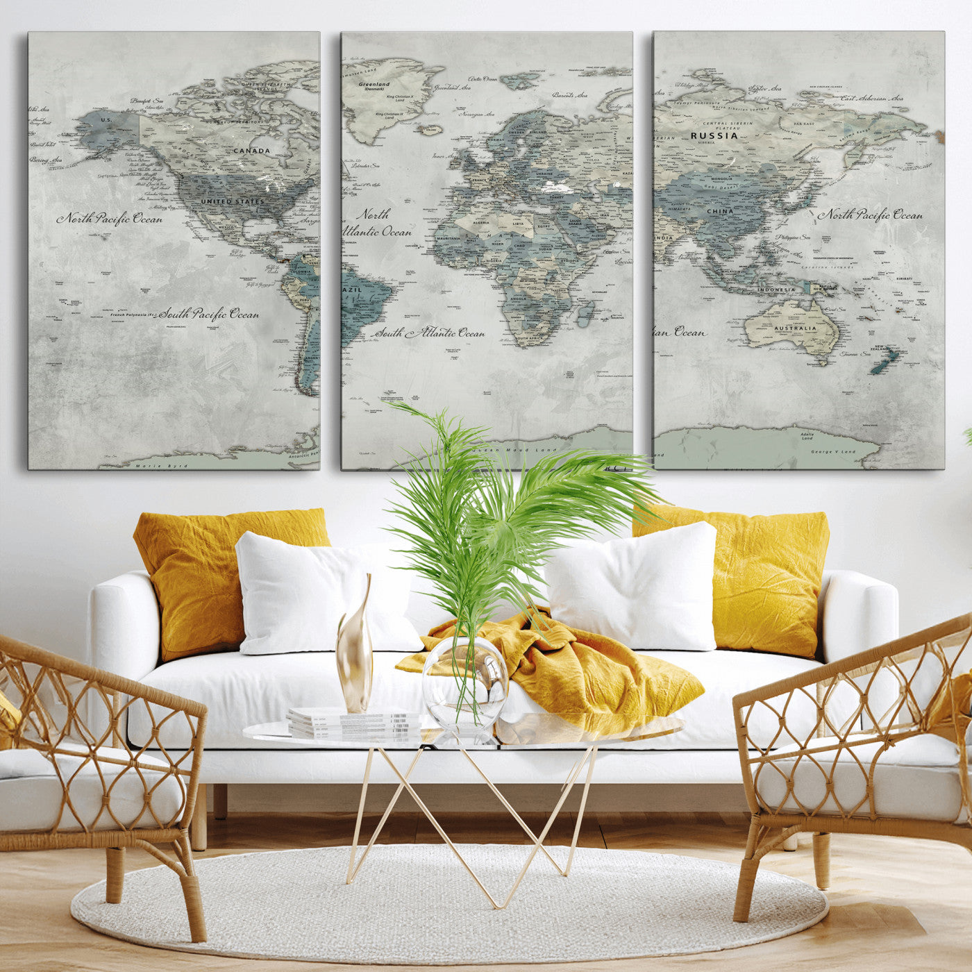 91132939-MGV-CV-36X24 - World Map Wall Art Canvas Print, Modern Decorative Framed Map Artwork Prints for Living Room, Office, Bedroom Wall Decor
