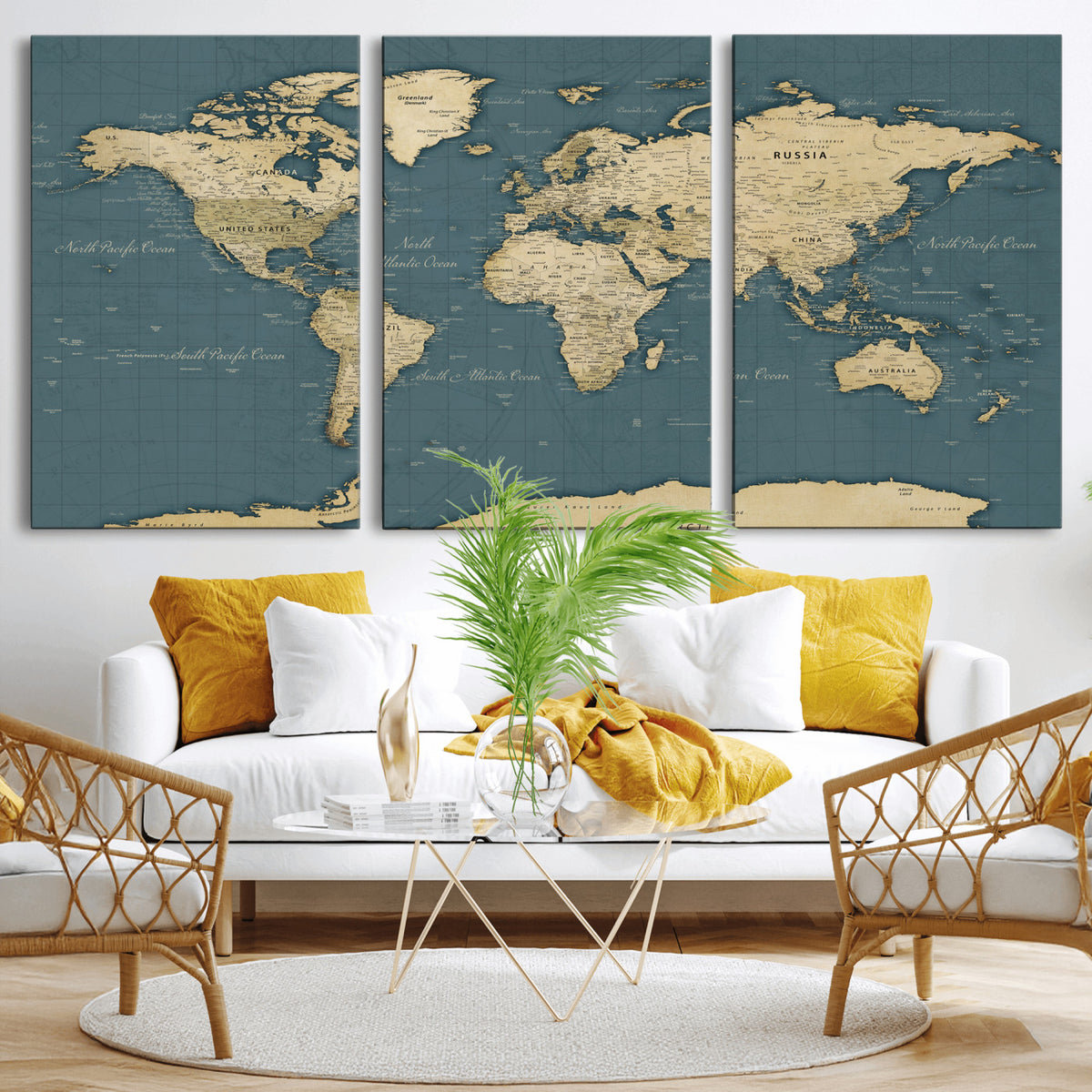99599383-MGV-CV-36X24 - Minimal Vintage World Map Canvas Wall Art Print, Neutral