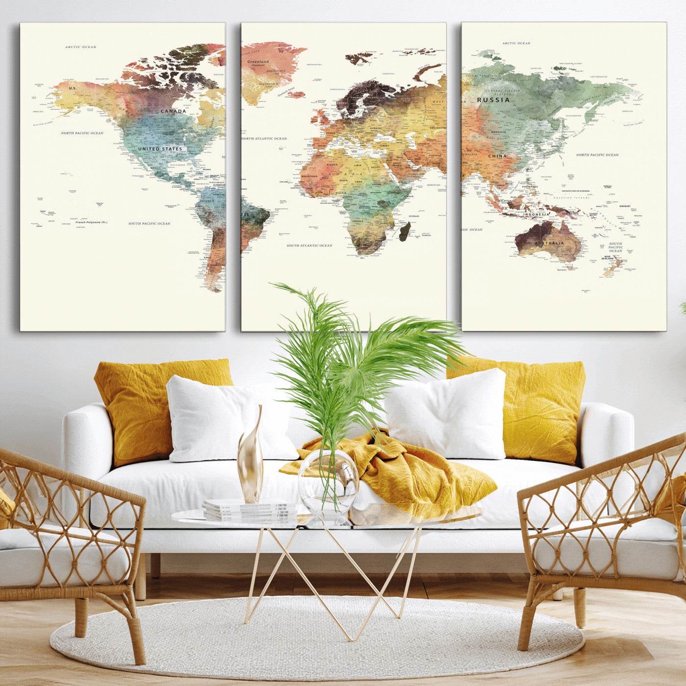 64206059-MGV-CV-36X24 - World Map Wall Art Canvas Print, Modern Decorative Framed Map Artwork Prints for Living Room, Office, Bedroom Wall Decor