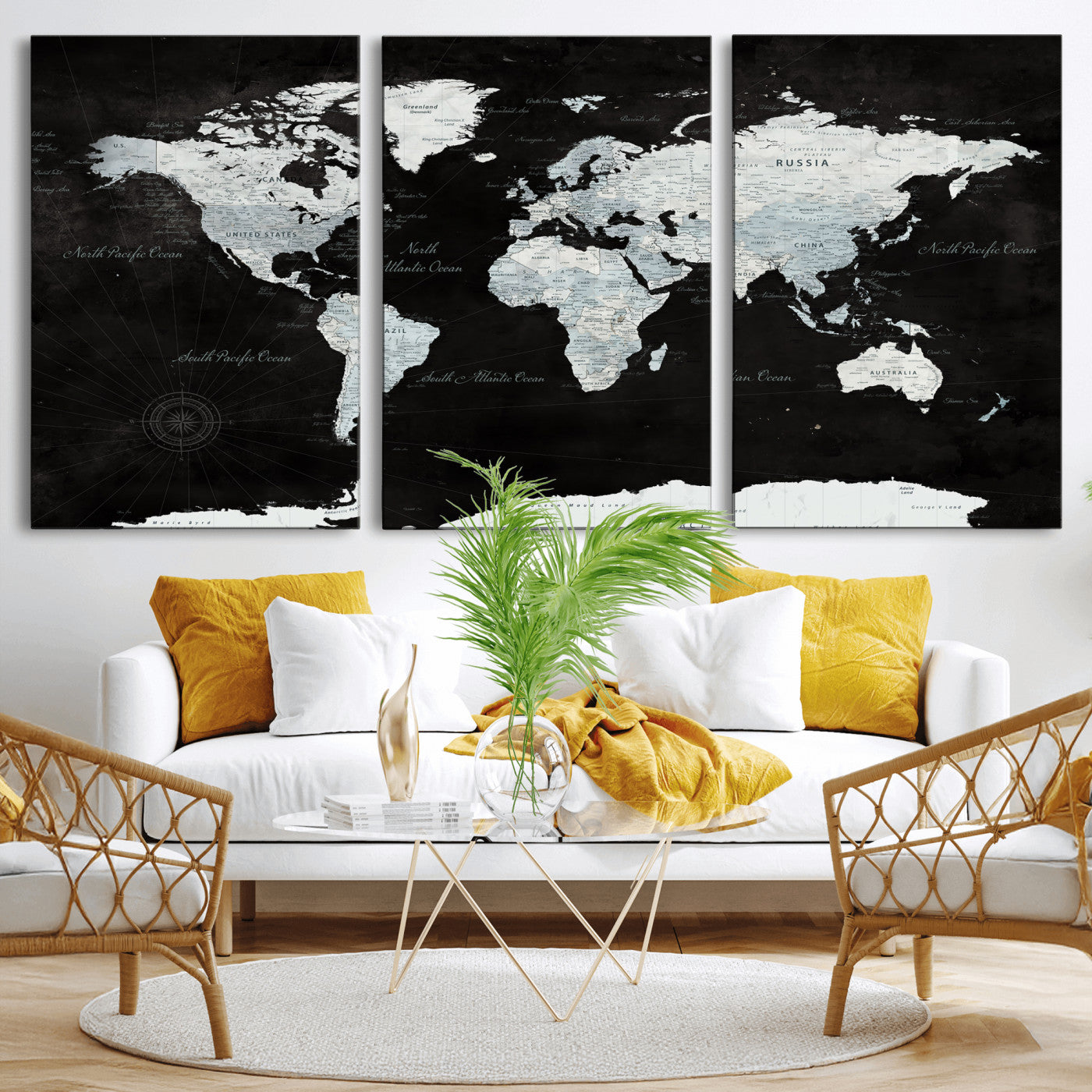 28664806-MGV-CV-36X24 - World Map Wall Art Canvas Print, Modern Decorative Framed Map Artwork Prints for Living Room, Office, Bedroom Wall Decor