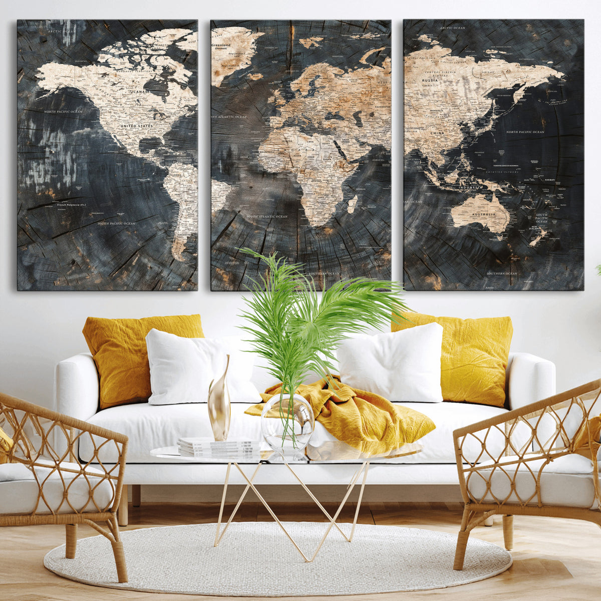 89162112-MGV-CV-36X24 - World Map Wall Art Canvas Print, Modern Decorative Framed Map Artwork Prints for Living Room, Office, Bedroom Wall Decor