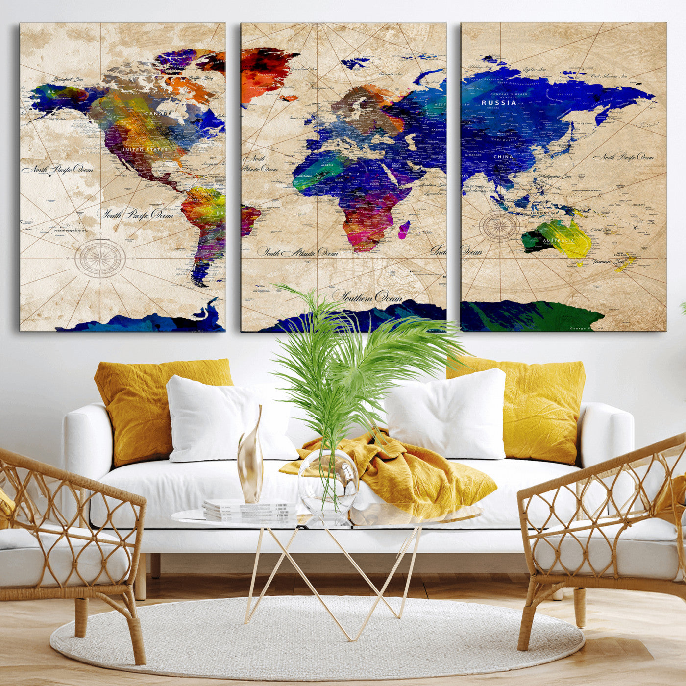 26284075-MGV-CV-36X24 - World Map Wall Art Canvas Print, Modern Decorative Framed Map Artwork Prints for Living Room, Office, Bedroom Wall Decor