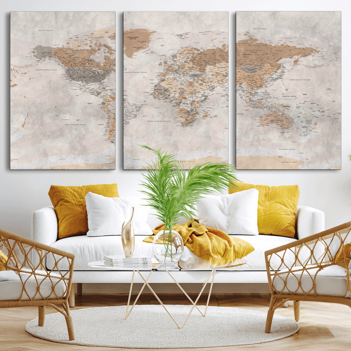 34051638-MGV-CV-36X24 - Detailed World Map Wall Art Canvas Print for Home and Office Decor