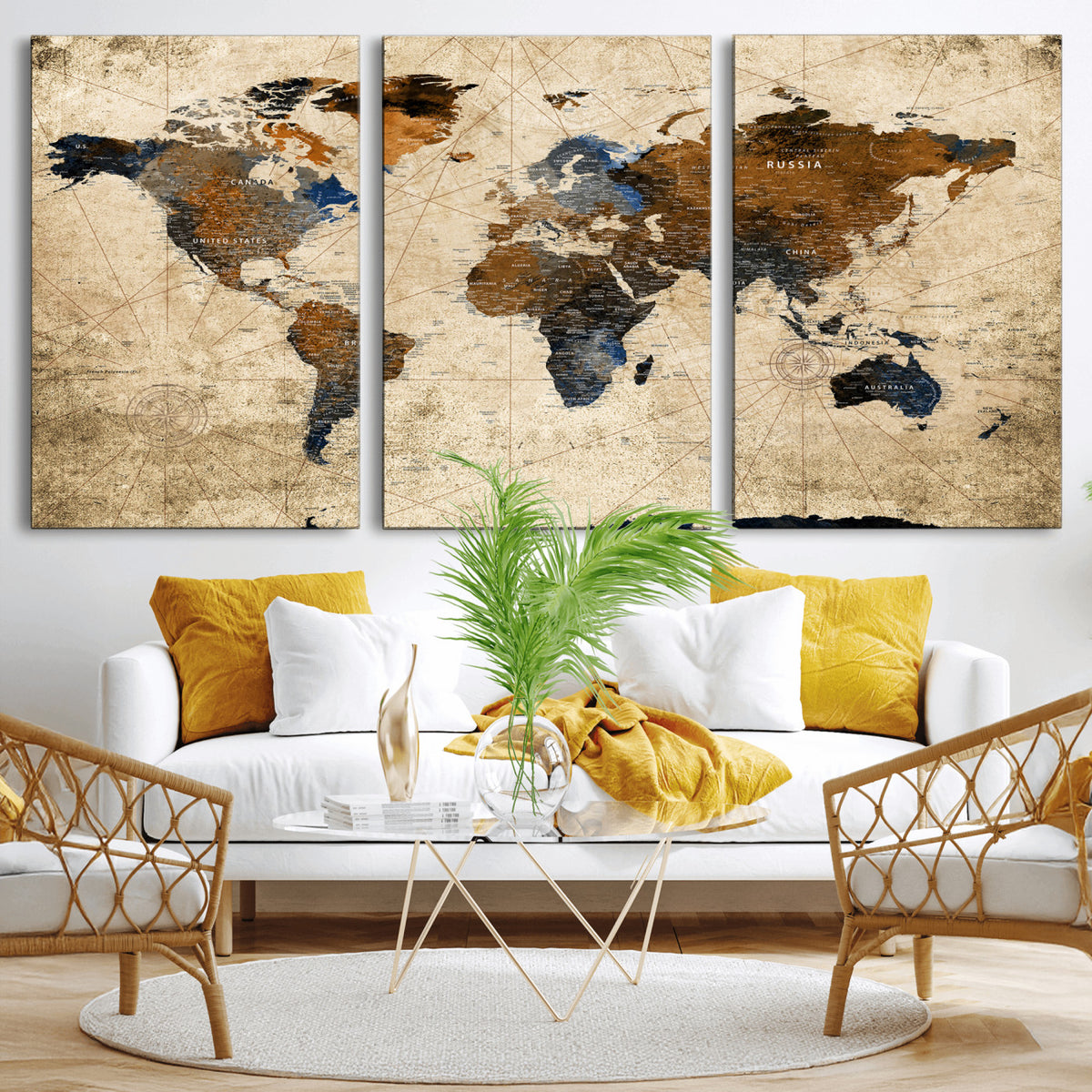27163414-MGV-CV-36X24 - World Map Wall Art – Rustic Earth Tone Canvas Print, Antique