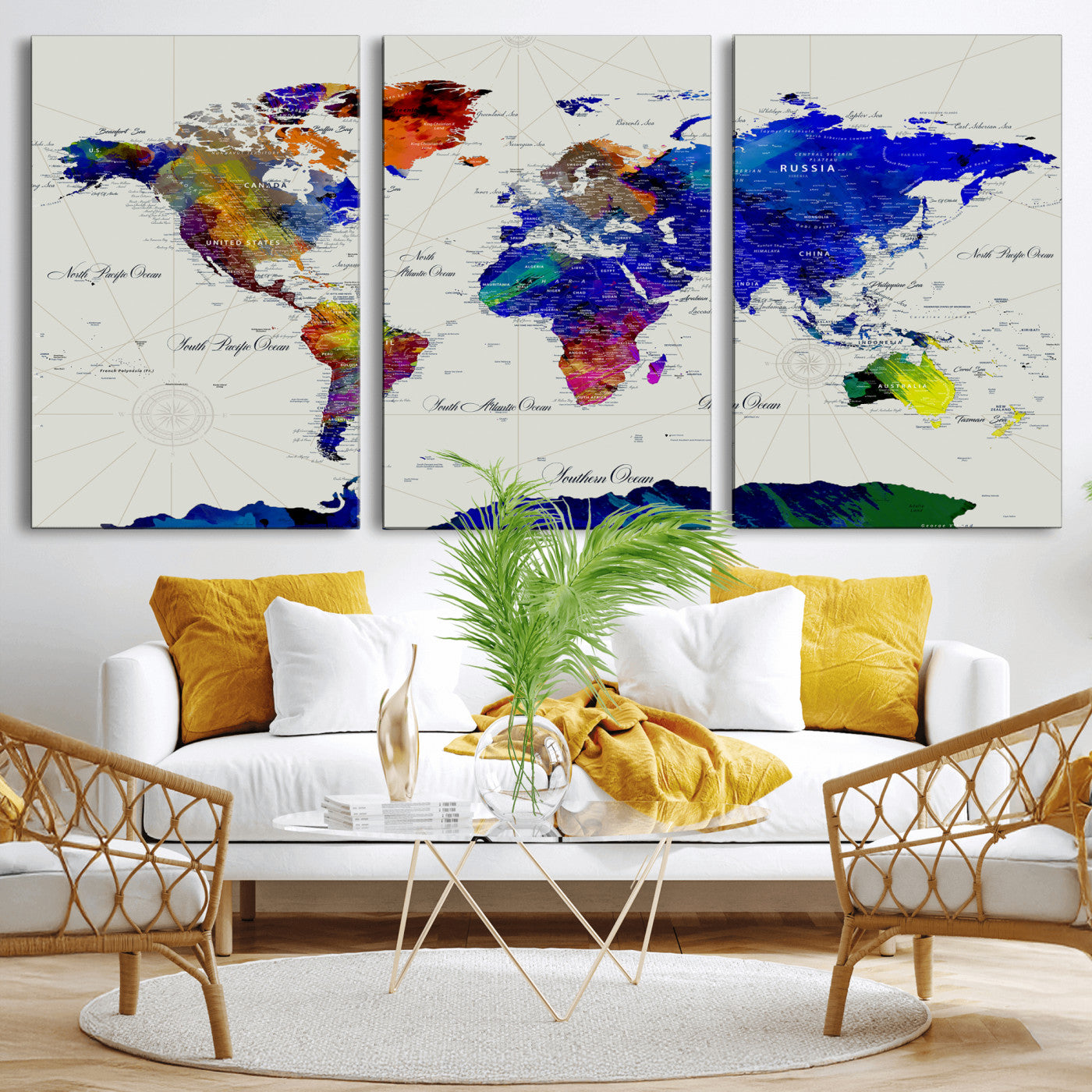 49670038-MGV-CV-36X24 - World Map Wall Art Canvas Print, Modern Decorative Framed Map Artwork Prints for Living Room, Office, Bedroom Wall Decor