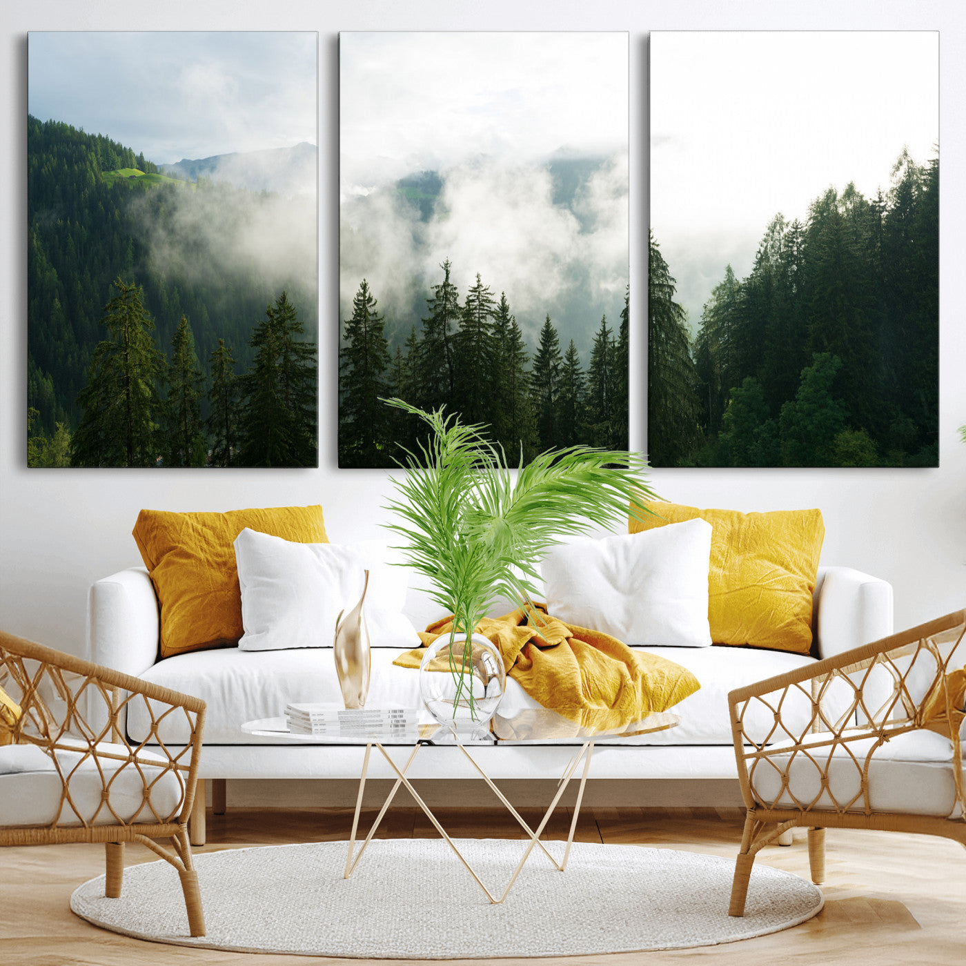 67174129-MGV-CV-36X24 - Misty Mountain Forest Canvas Print, Foggy Pine Trees Nature Wall Art, Framed Canvas Ready to Hang