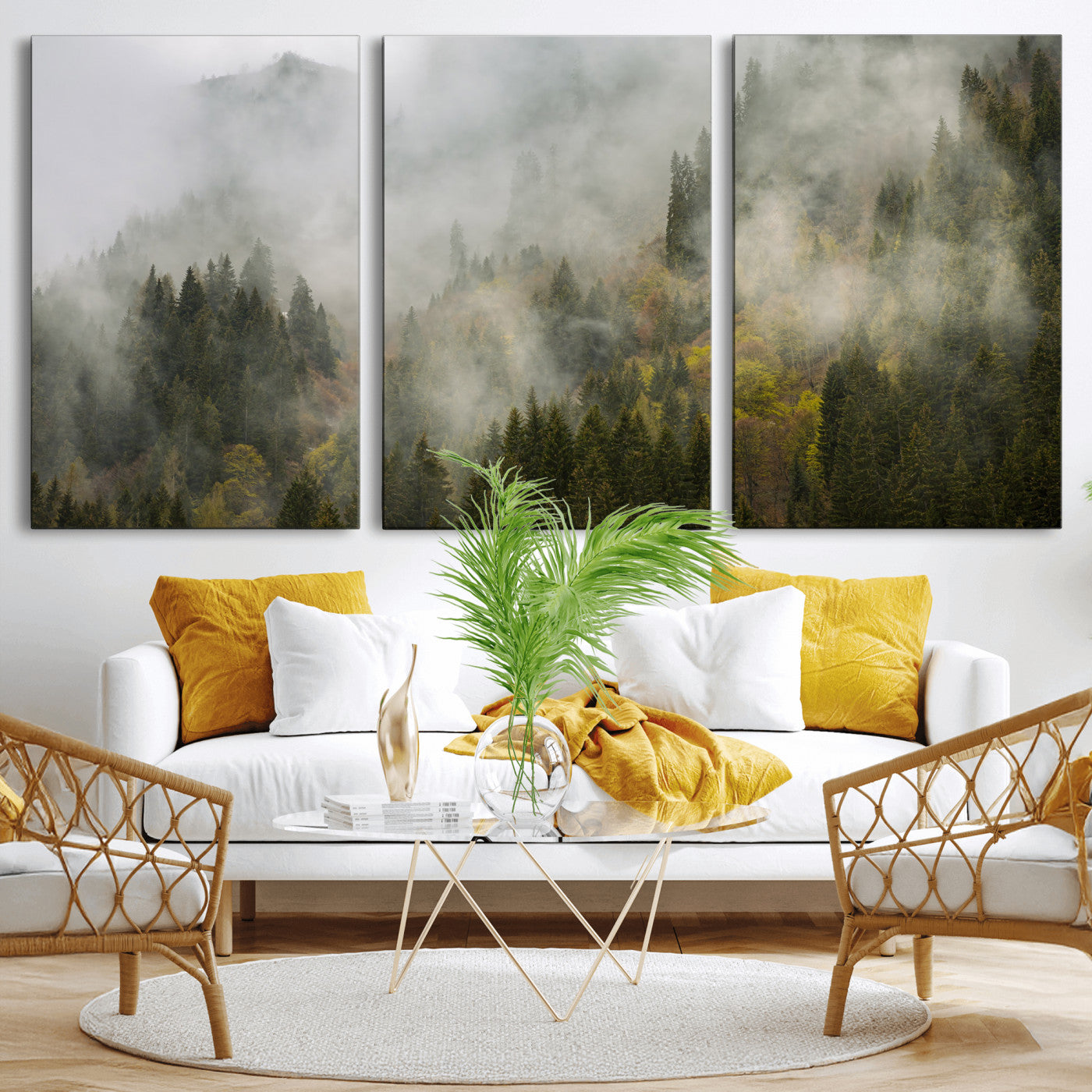 31152954-MGV-CV-36X24 - Misty Mountain Forest Canvas Print, Foggy Pine Trees Nature Wall Art, Framed Canvas Ready to Hang