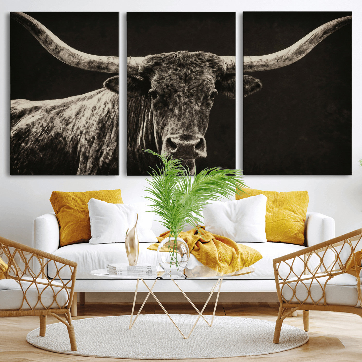 74513721-MGV-CV-36X24 - Vintage Texas Longhorn Bull Wall Art Canvas Print, Cow Portrait Photography Print, Framed Wall Art Ready to Hang
