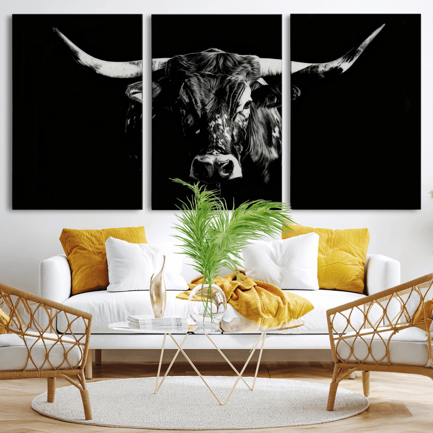 21436434-MGV-CV-36X24 - Black Bull Wall Art Canvas Print, Dark Longhorn Portrait Photography, Framed Wall Art Ready to Hang