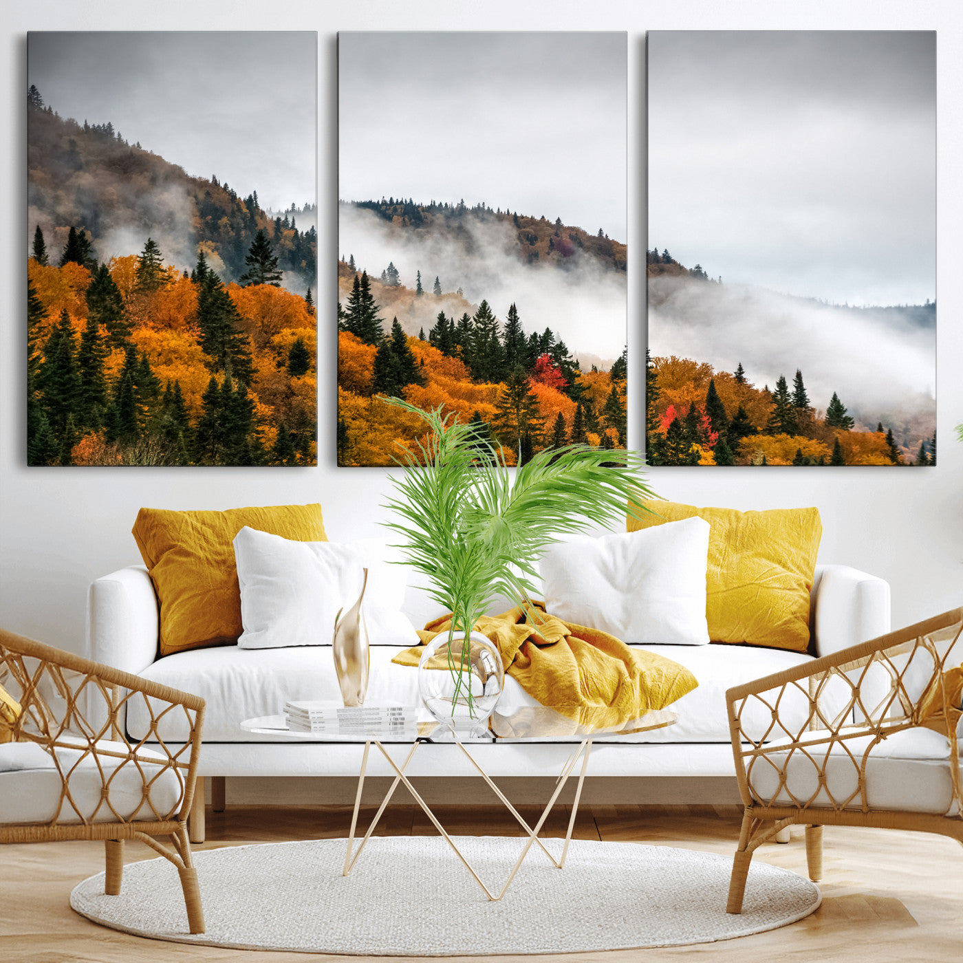 93581632-MGV-CV-36X24 - Autumn Forest Wall Art Canvas Print, Foggy Mountain Landscape Nature Photography, Framed Wall Art Ready to Hang