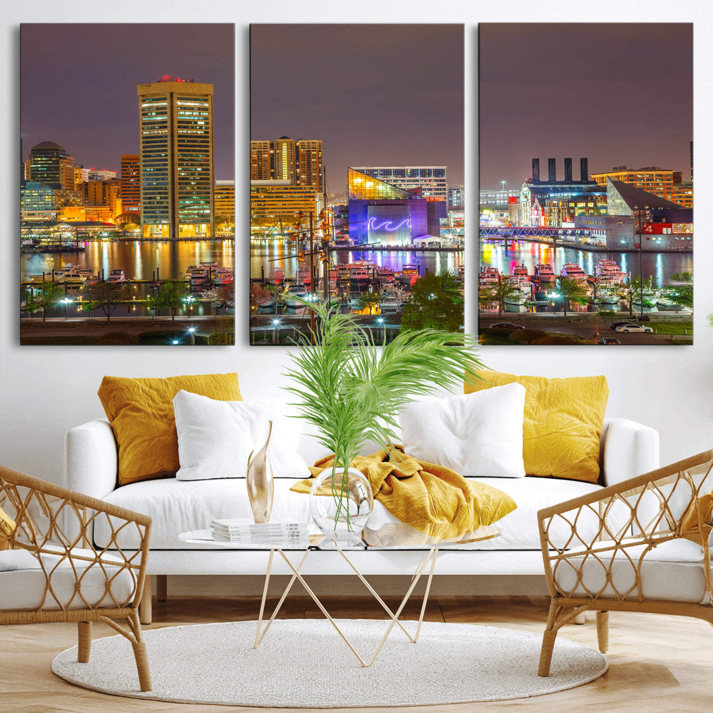 42654823-MGV-CV-36X24 - Baltimore Skyline Wall Art Canvas Print, Baltimore Downtown Night Cityscape Print for Modern Urban Wall Decor