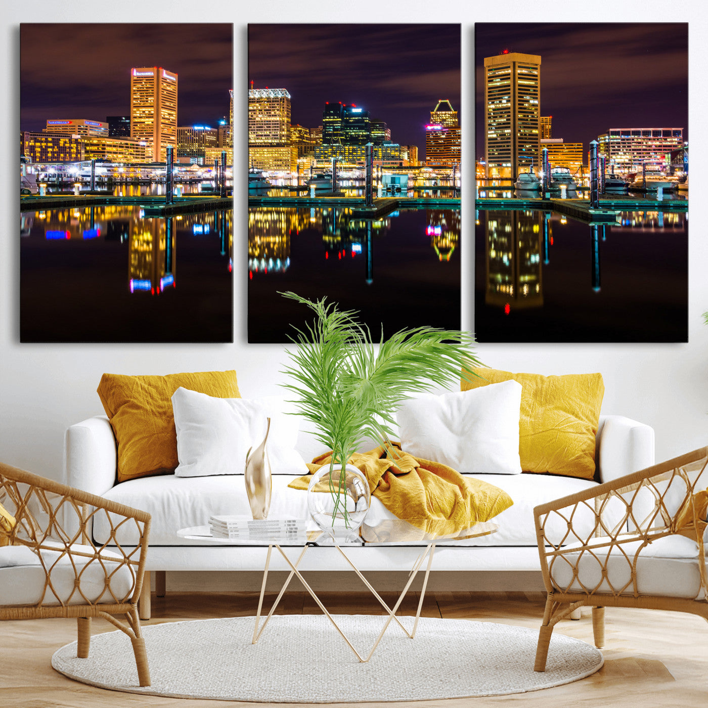 38201692-MGV-CV-36X24 - Baltimore Skyline Wall Art Canvas Print, Baltimore Downtown Night Cityscape Print for Modern Urban Wall Decor