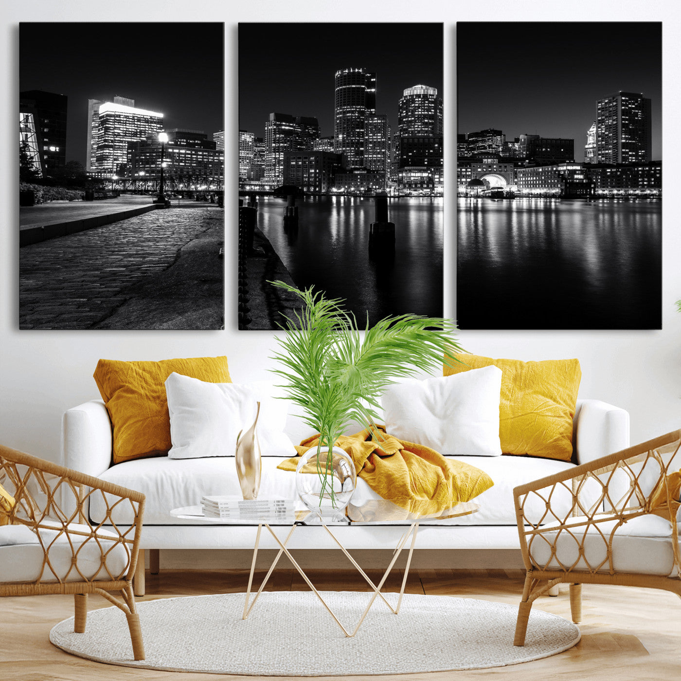 53082656-MGV-CV-36X24 - Boston Wall Art Canvas Print, Boston City Downtown Night Cityscape Print for Modern Urban Wall Decor