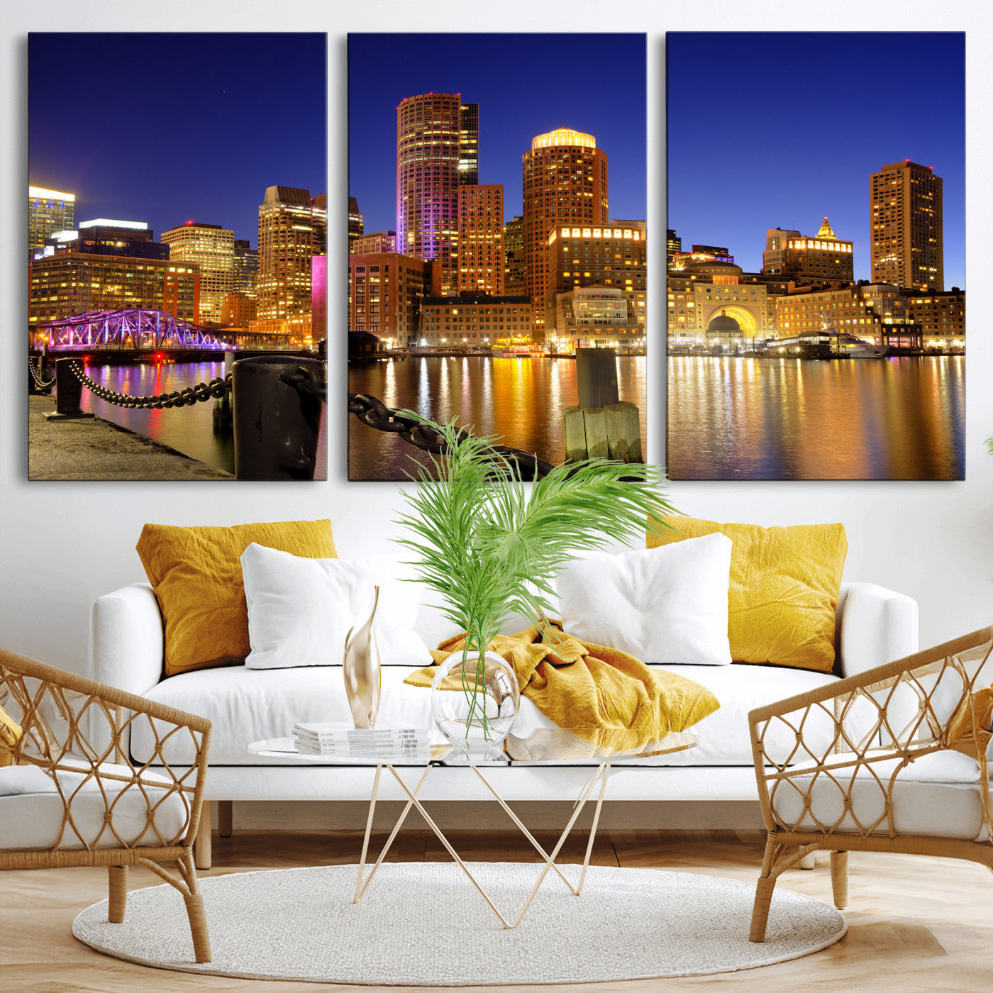 56611117-MGV-CV-36X24 - Boston Wall Art Canvas Print, Boston City Downtown Night Cityscape Print for Modern Urban Wall Decor