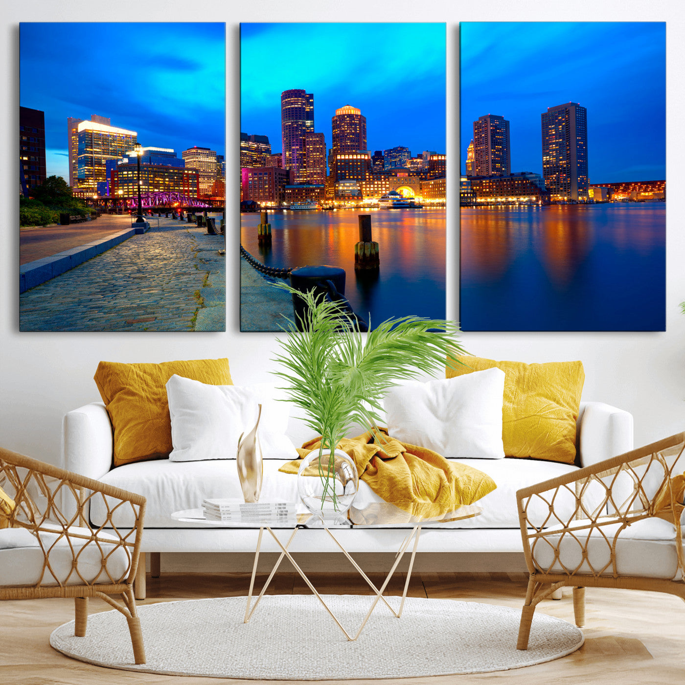 69619565-MGV-CV-36X24 - Boston Wall Art Canvas Print, Boston City Downtown Night Cityscape Print for Modern Urban Wall Decor