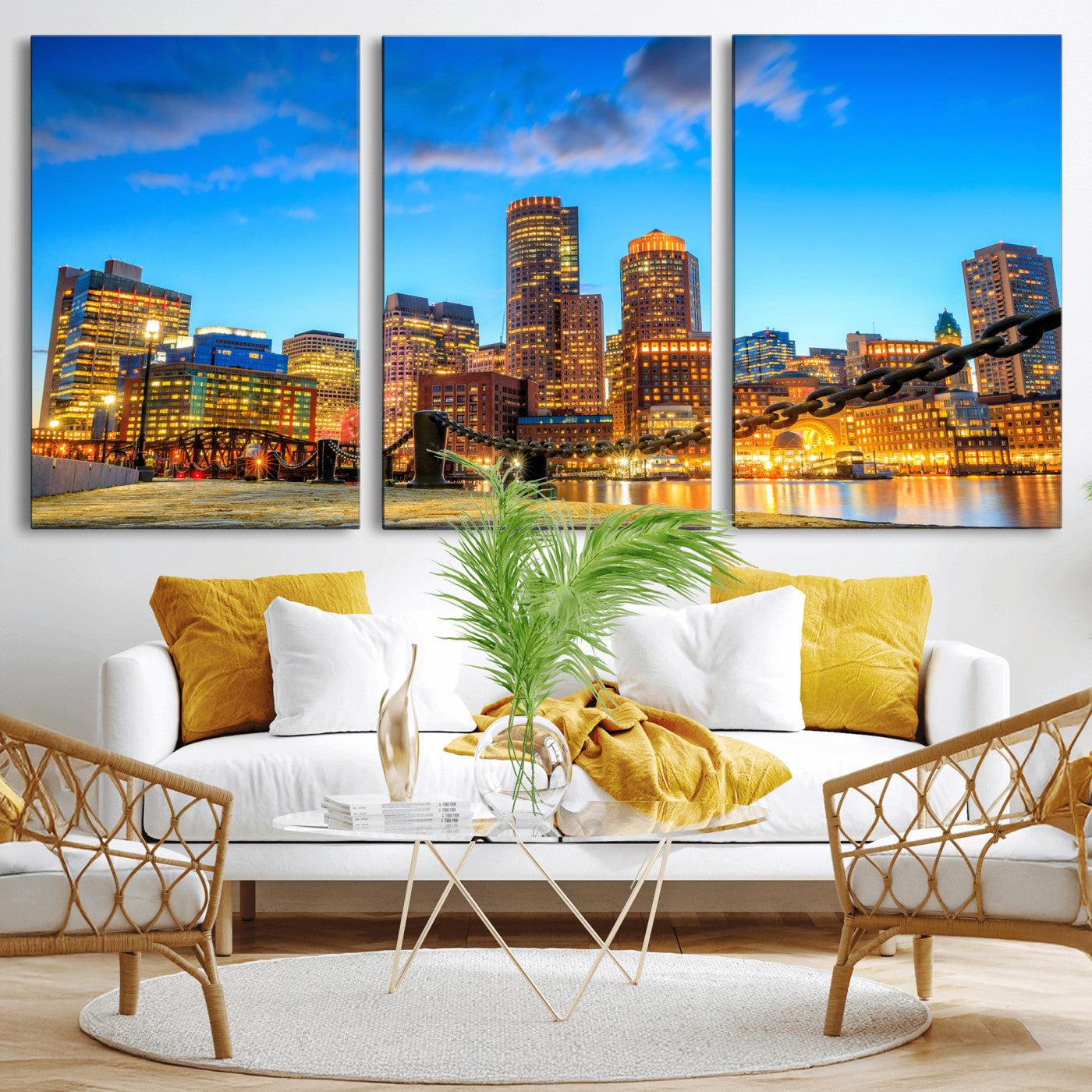 46736409-MGV-CV-36X24 - Boston Wall Art Canvas Print, Boston City Downtown Night Cityscape Print for Modern Urban Wall Decor
