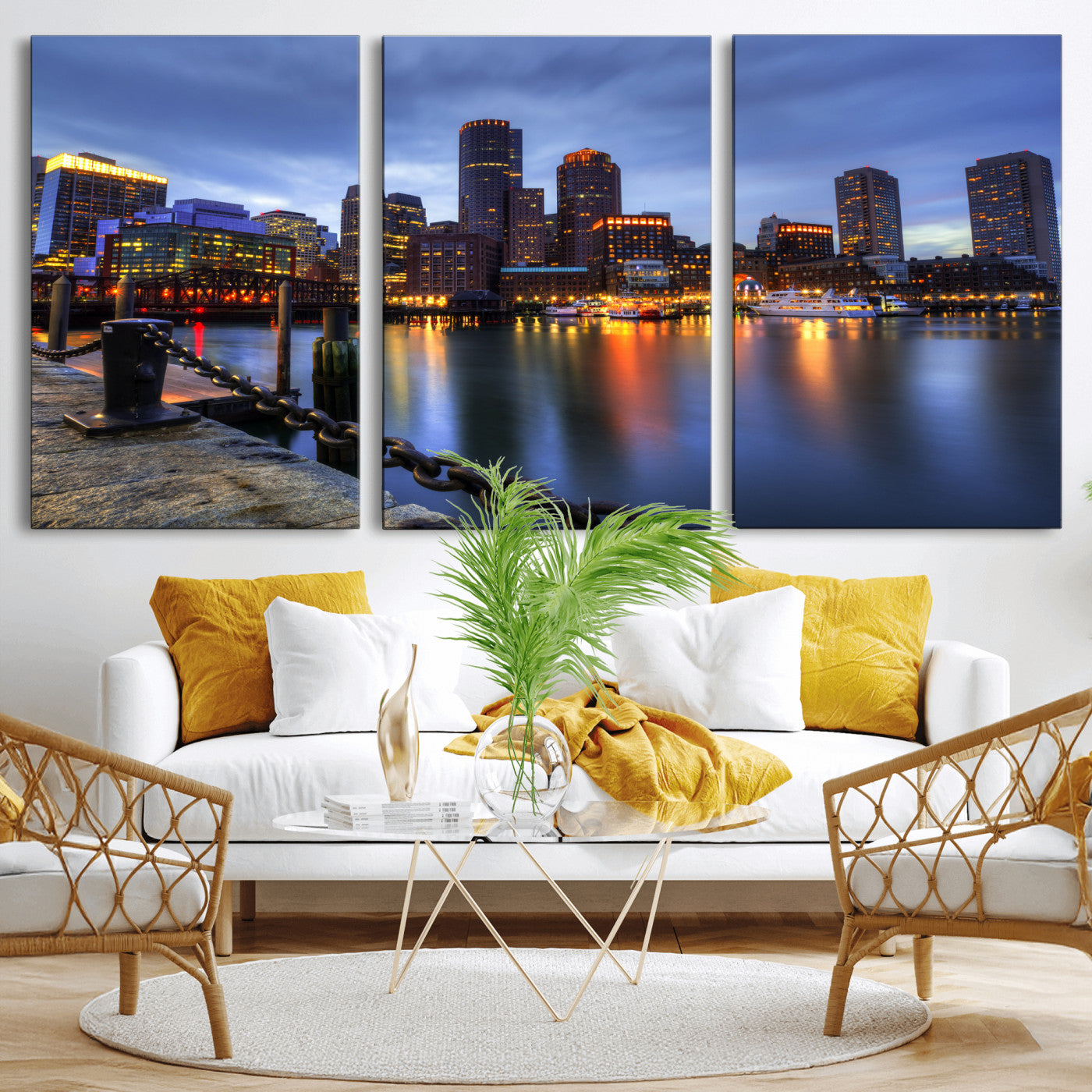 82439622-MGV-CV-36X24 - Boston Wall Art Canvas Print, Boston City Downtown Night Cityscape Print for Modern Urban Wall Decor