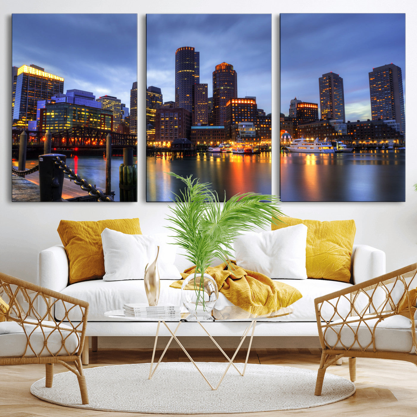 74951698-MGV-CV-60X30-3P - Boston Wall Art Canvas Print, Boston City Downtown Night Cityscape Print for Modern Urban Wall Decor