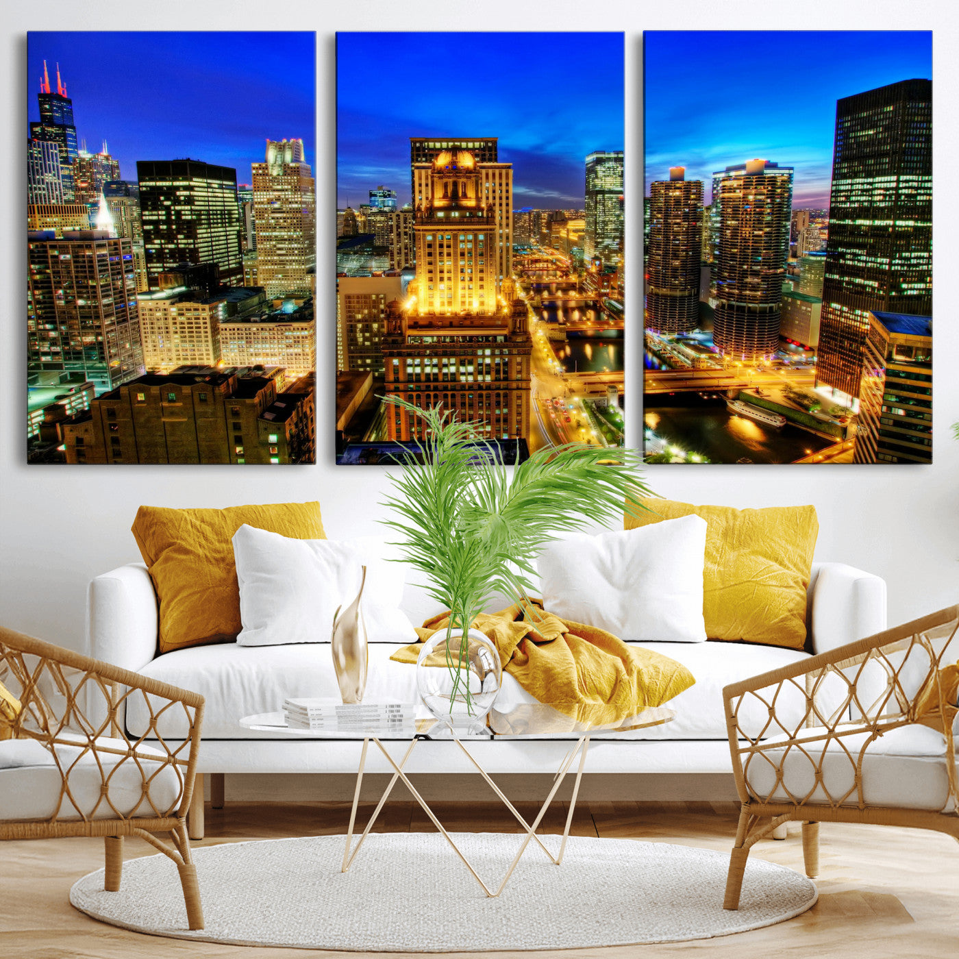 46298885-MGV-CV-36X24 - Chicago Wall Art Canvas Print, Chicago City Downtown Night Cityscape Print for Modern Urban Wall Decor