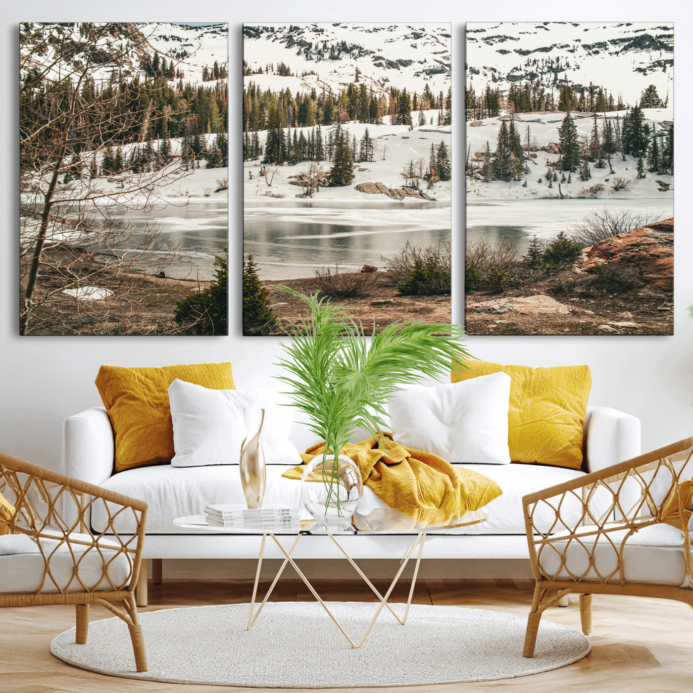 10336249-MGV-CV-36X24 - Snowy Mountain Landscape Wall Art Canvas Print, Alpine Pine Forest Winter Nature Wall Decor for Living Room and Office